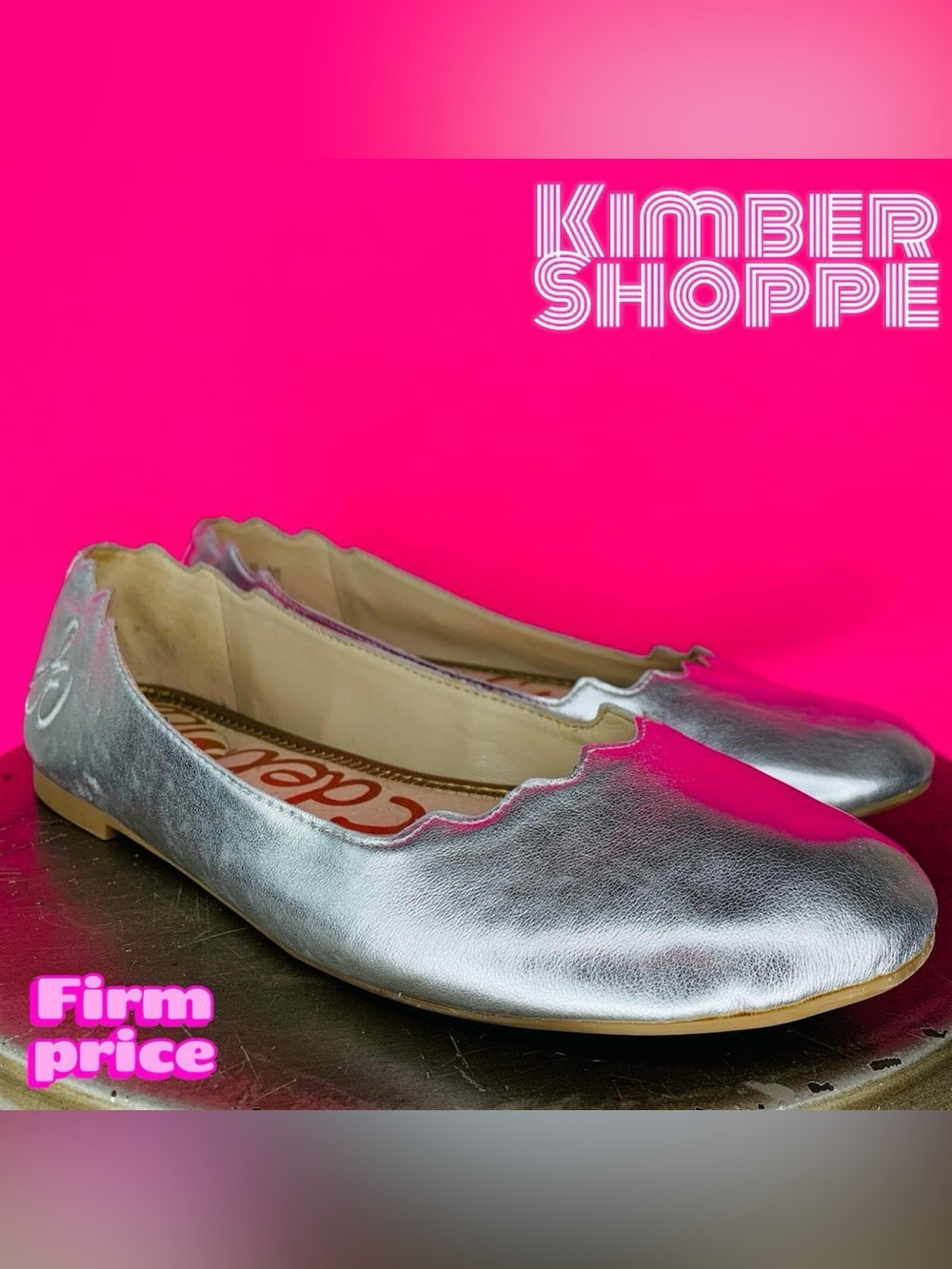 Sam Edelman Finnegan Silver Faux Leather Scalloped Edge Flat US 6.5 UK 4 EU 36.5